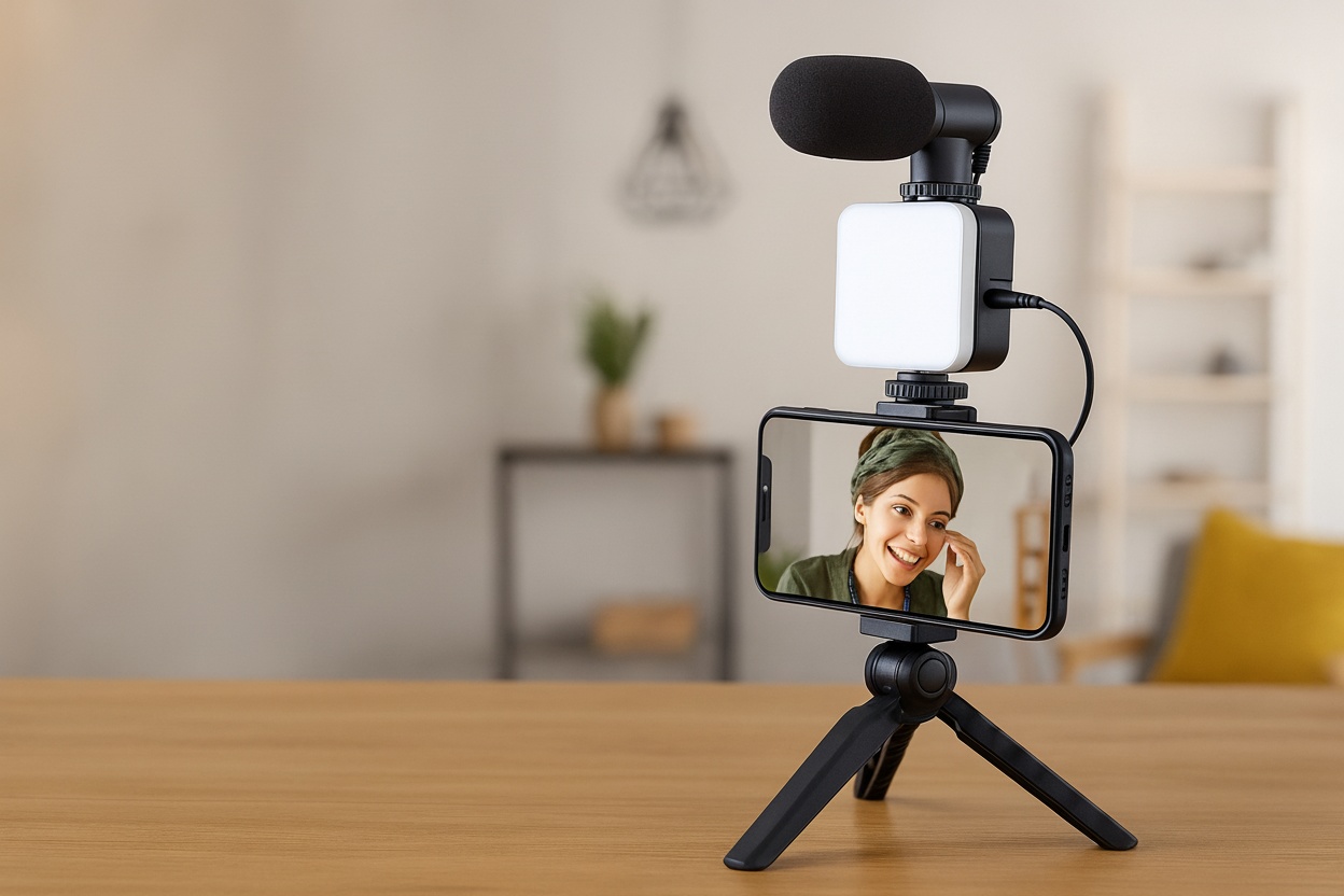 Smartphone Vlog Camera Kit with LED Light & Shotgun Mic - Universal for iPhone & Android | Wowcher