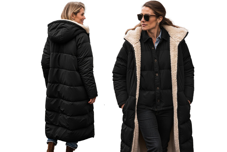 Black Women’s Longline Teddy Fleece Reversible Quilted Parka Jacket – Thermal-Lined, Hooded, 8 Colours | Wowcher