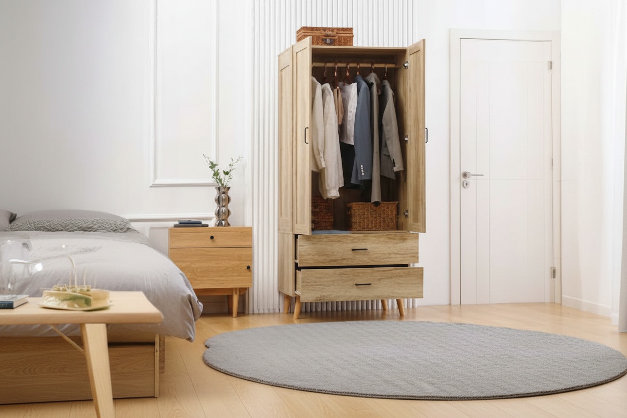 Contemporary Double Oak-Effect Wardrobe with Storage Drawers & Anti-Tip Safety - Modern Bedroom Furniture | Wowcher