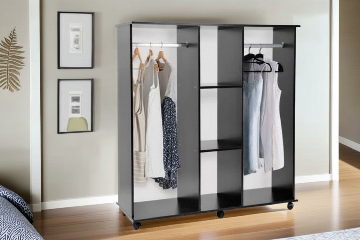 Contemporary Black Mobile Bedroom Wardrobe - 2 Hanging Rails, 3-Tier Storage, E1 Chipboard & Aluminium, Easy-Glide Wheels | Wowcher