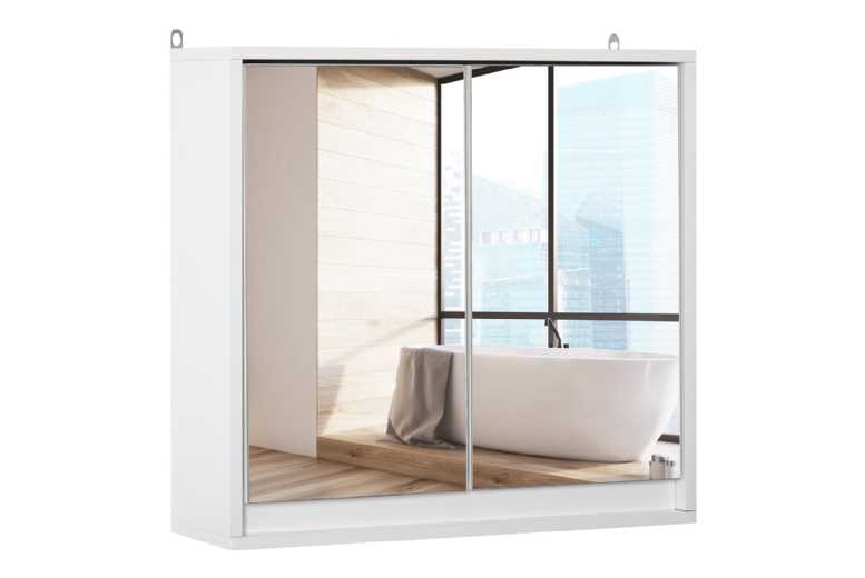 Modern White Wall-Mount Bathroom Mirror Cabinet – Space-Saving, Hidden Storage | Wowcher