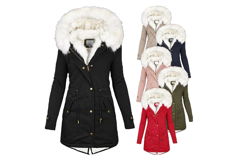 Green Women’s Mid Length Thermal-Lined Parka Jacket – Cotton Blend, Velvet Lining, Windproof Hood, 6 Colours, 8 Sizes | Wowcher