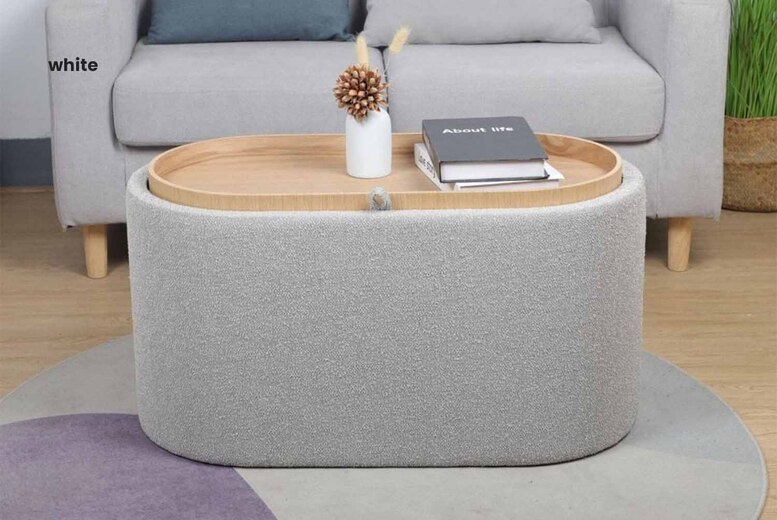 Merida Boucle Upholstered Ottoman with Reversible Tray Lid - Bedroom Storage, Grey or White, Fully Assembled | Wowcher