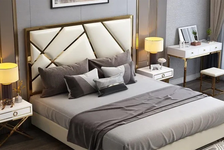 Elegant Gold Line Plush Bed Frame & Sturdy Base – Modern Velvet Design | Wowcher
