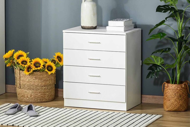 White Wooden 4-Drawer Bedroom Storage Cabinet - Modern Compact Chest, Anti-Slip, Sturdy MDF | Wowcher