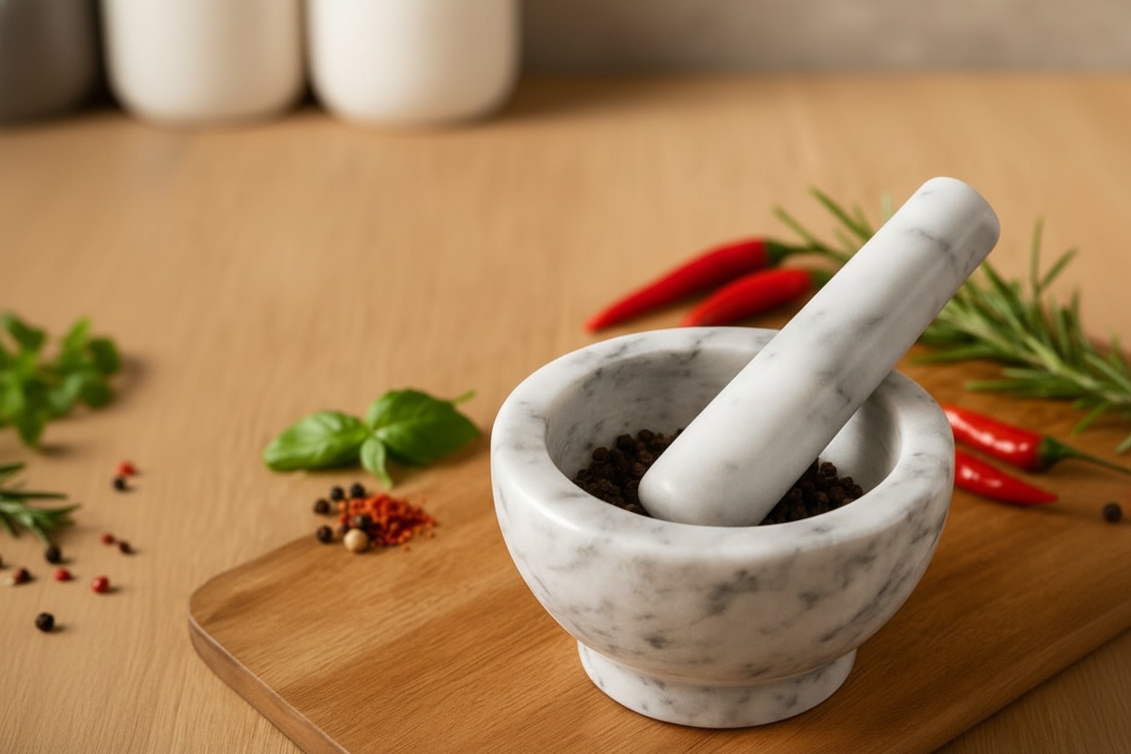 Marble Pestle & Mortar Set - Heavy-Duty Kitchen Grinder with Optional 500g Black Peppercorns | Wowcher