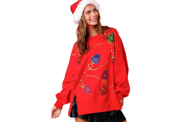 Red Women’s Sequin Holiday Cotton Blend Pullover Jumper – Long Sleeve, Classic Fit, UK 8-16 | Wowcher