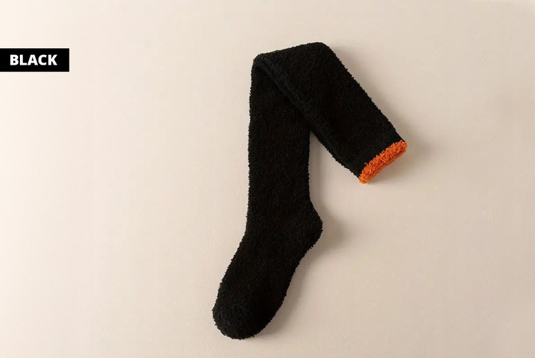 Women's Fleece Over The Knee Cosy Socks, Black | Wowcher