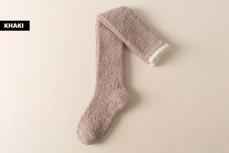 Women's Fleece Over The Knee Cosy Socks, Khaki | Wowcher