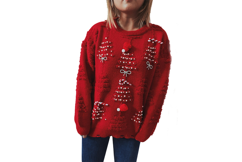Women’s Chunky Knit Christmas Tree Jumper – Acrylic Blend, Festive Pattern, UK 6-12, Red or White | Wowcher