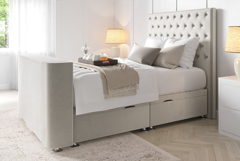 TV Ottoman Storage Bed with Chesterfield Headboard – 4 Sizes TV Ottoman Storage Bed with Chesterfield Headboard – 4 Sizes