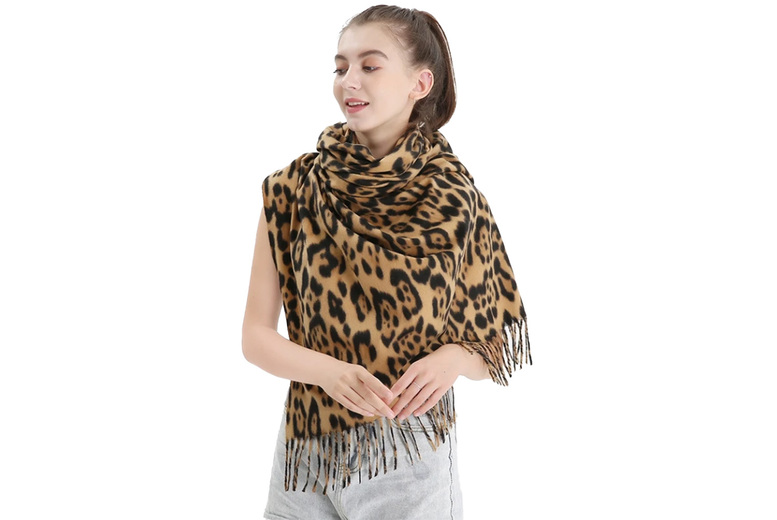 Grey Women’s Oversized Leopard Print Acrylic Scarf – Warm Winter Fashion | Wowcher