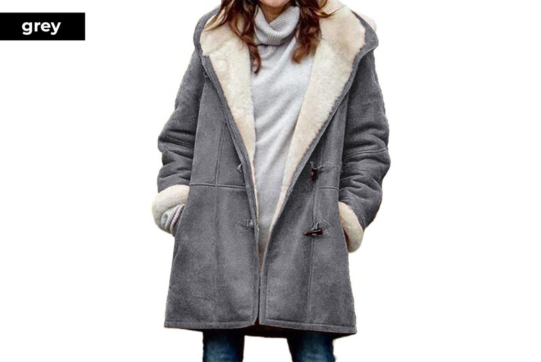 Women's Long Hooded Jacket with Fleece Fur Lining, S-UK6, Grey | Wowcher
