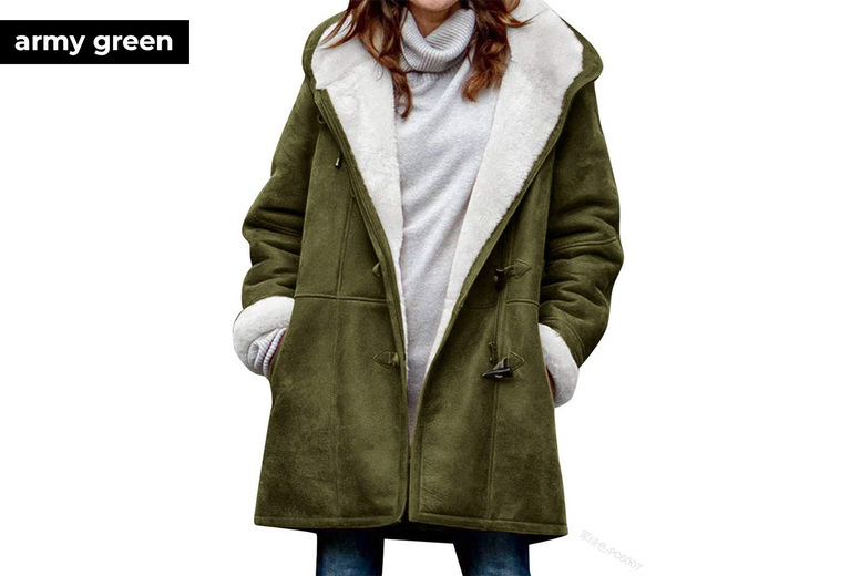 Women's Long Hooded Jacket with Fleece Fur Lining, S-UK6, Army Green | Wowcher