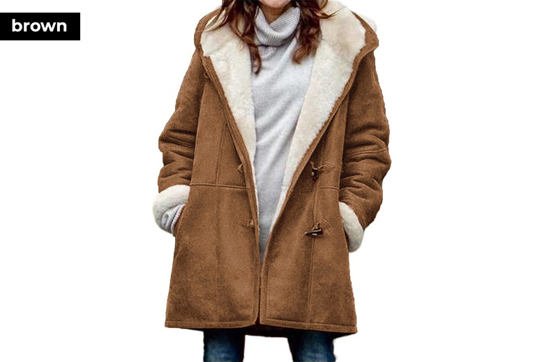 Women's Long Hooded Jacket with Fleece Fur Lining, S-UK6, Brown | Wowcher