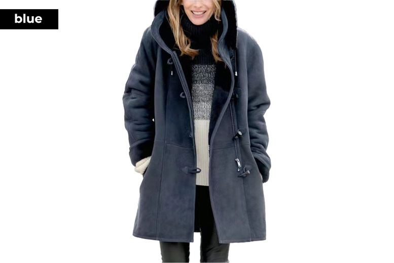 Women's Long Hooded Jacket with Fleece Fur Lining, S-UK6, Blue | Wowcher