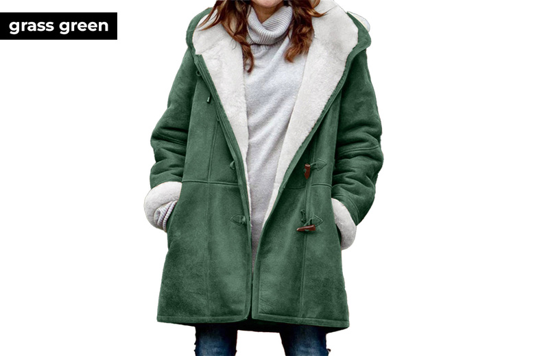 Women's Long Hooded Jacket with Fleece Fur Lining, S-UK6, Grass Green | Wowcher