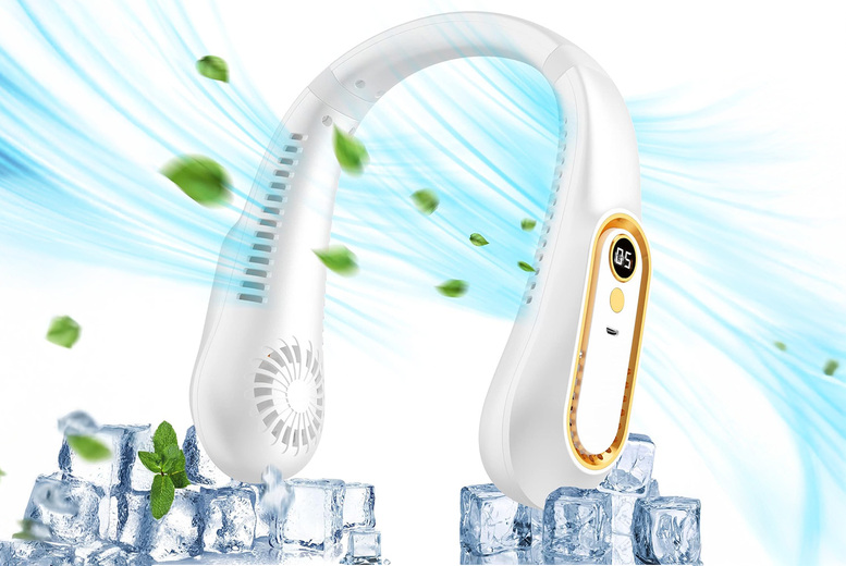 Adjustable 5-Speed Bladeless Neck Fan with LED Display – Portable, Silent & 720° Cooling | Wowcher