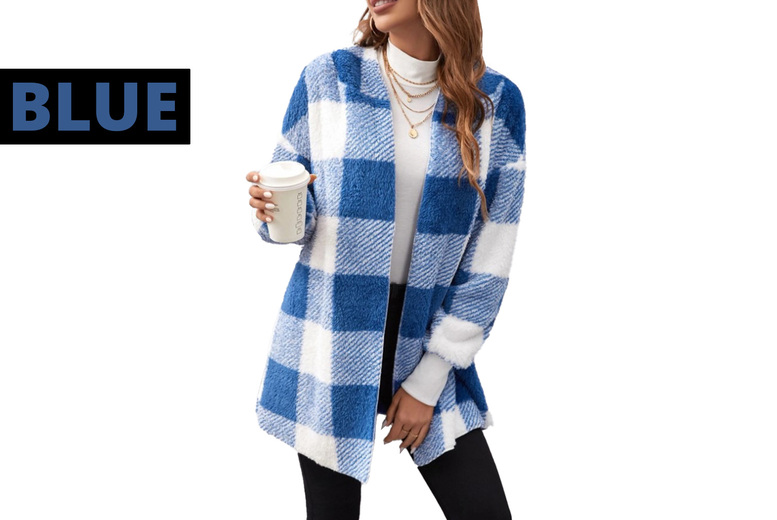 Unisex Block Knit Plaid Winter Cardigan, UK 10, Blue | Wowcher