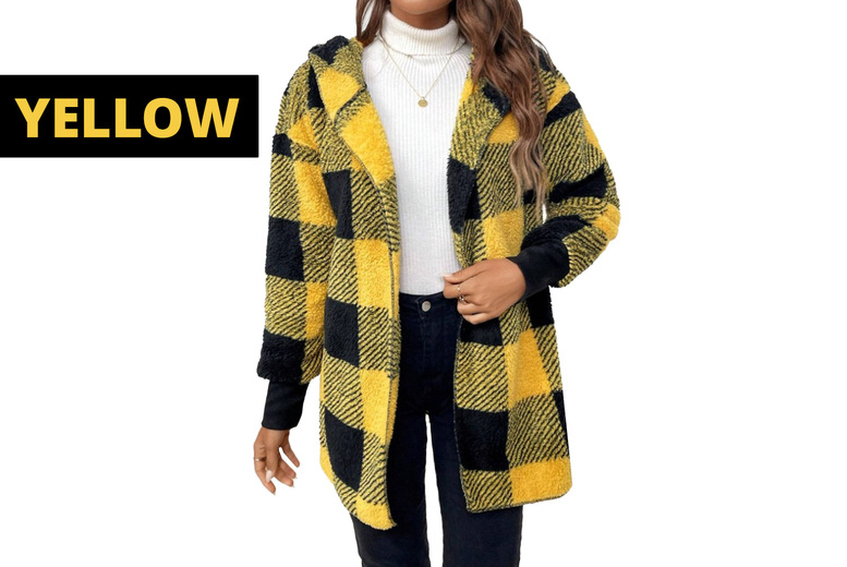Unisex Block Knit Plaid Winter Cardigan, UK 10, Yellow | Wowcher