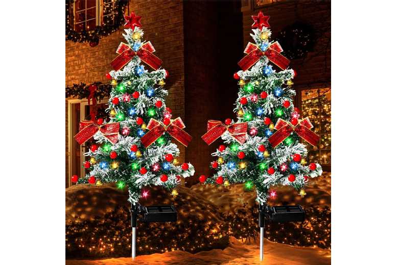 2Pcs Pre-Lit Solar Christmas Tree Stake Lights – Outdoor LED Garden Decoration | Wowcher