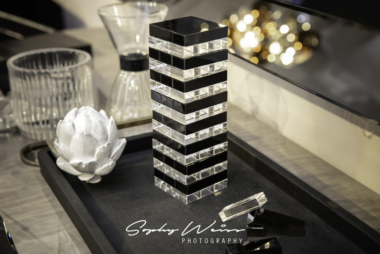 Luxury Acrylic Tumbling Tower Tabletop Decor – Handcrafted Modern Minimalist Game Night Centrepiece (10″/25cm, Black & Transparent Acrylic Blocks) | W