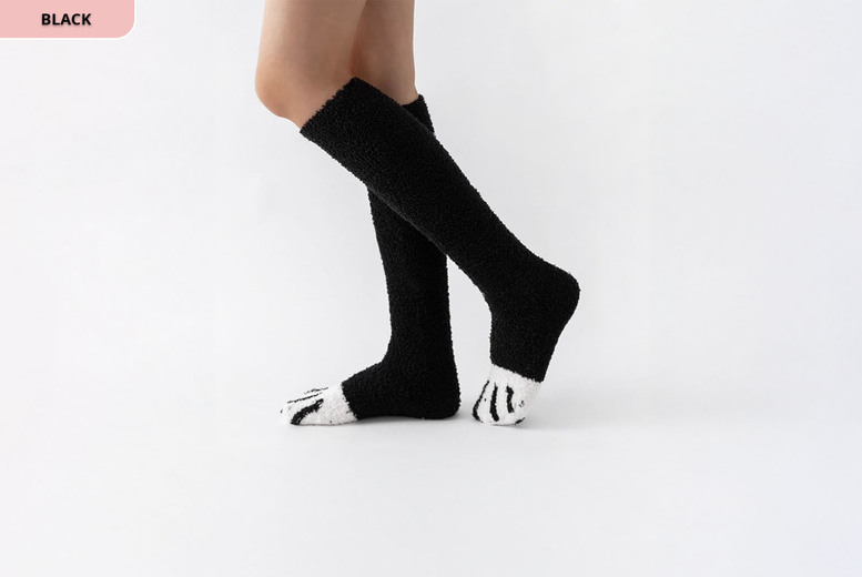 Women’s Black Polka Dot Fuzzy Polyester Knee High Socks with Cartoon Paw Print – Thick, One-Size, 6 Colours | Wowcher