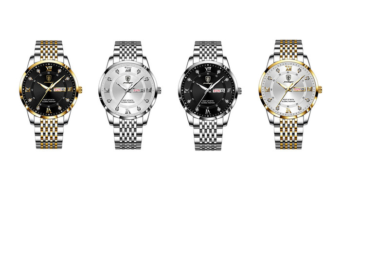 Men's Quartz Calendar Watch 5851 - Luminous Dial, Stainless Steel, Classic Style, Multiple Colours | Wowcher