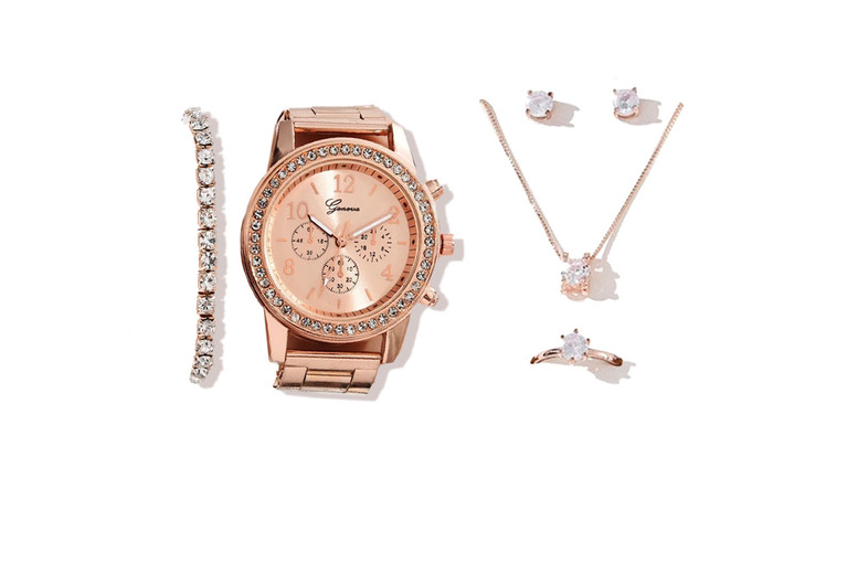 5-Piece Women’s Quartz Watch & Jewellery Gift Set – Silver, Gold, Rose Gold Options | Wowcher