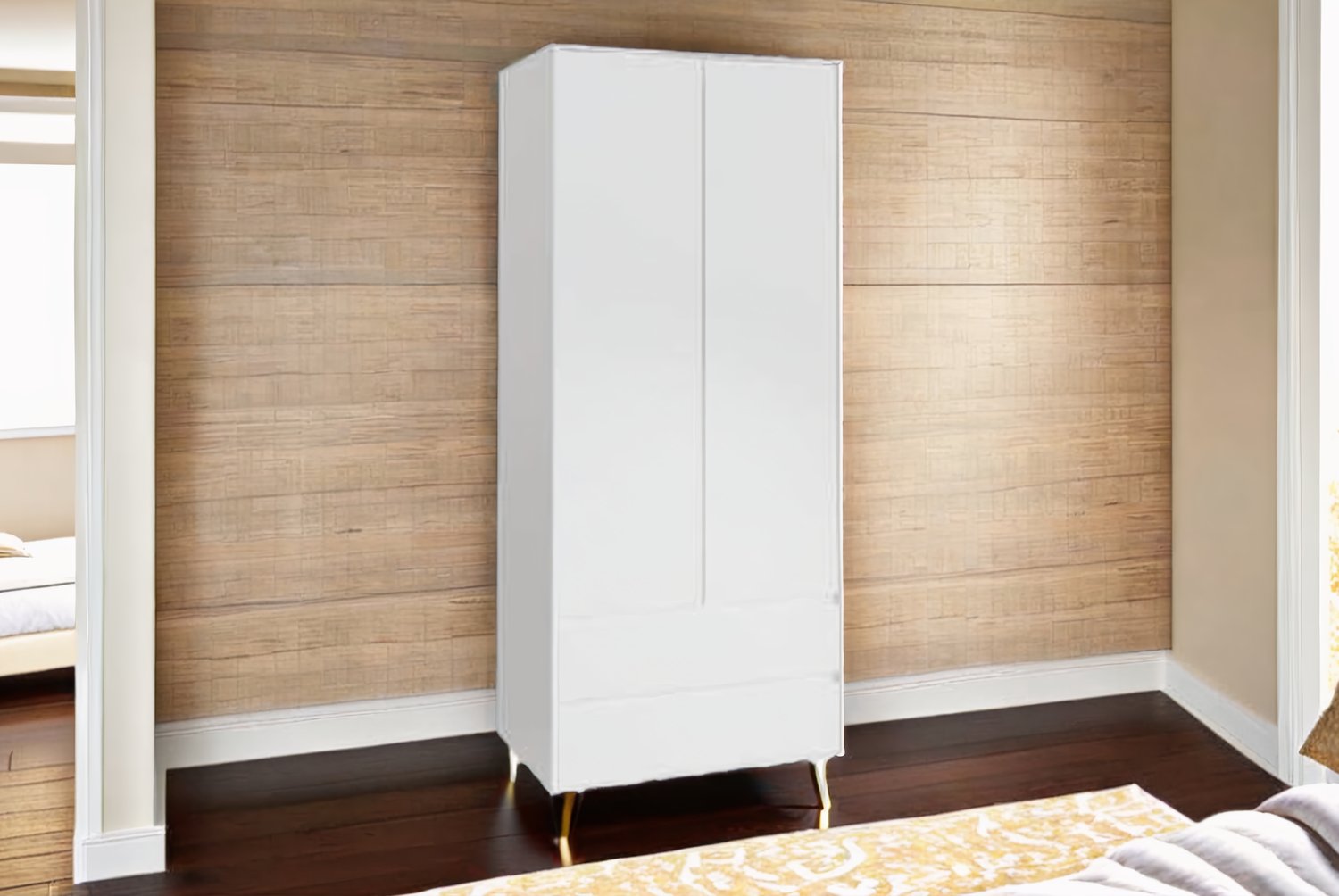 White 2-Door Wardrobe with Drawers & Gold Legs – Modern Melamine Bedroom Storage | Wowcher White 2-Door Wardrobe with Drawers & Gold Legs – Modern Melamine Bedroom Storage | Wowcher