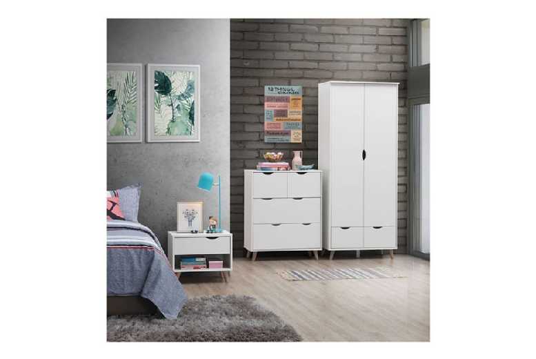 3-Piece Bedroom Furniture Set – White & Sonoma Oak Wardrobe, 4-Drawer Chest & Nightstand, Modern Scandi Style | Wowcher 3-Piece Bedroom Furniture Set – White & Sonoma Oak Wardrobe, 4-Drawer Chest & Nightstand, Modern Scandi Style | Wowcher