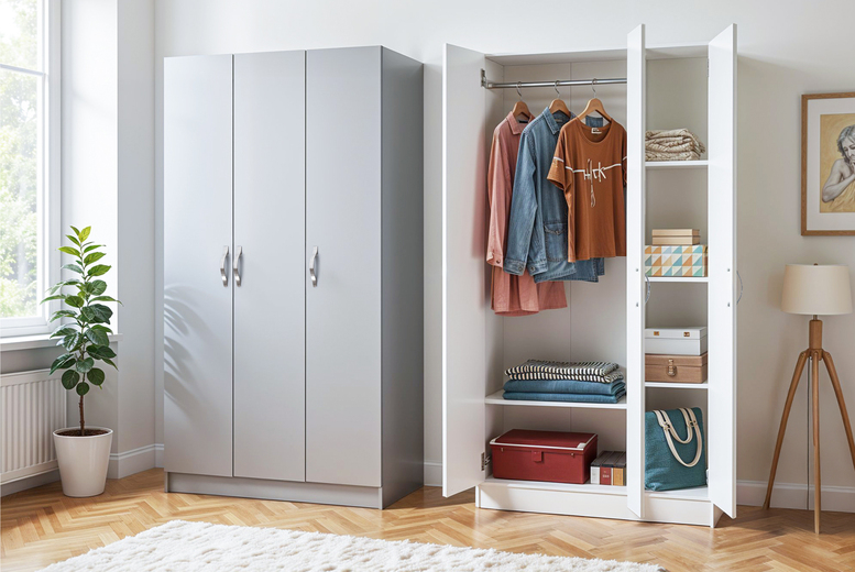 White 3-Door Contemporary Wardrobe with Shelves & Hanging Rail – Durable Bedroom Storage | Wowcher White 3-Door Contemporary Wardrobe with Shelves & Hanging Rail – Durable Bedroom Storage | Wowcher