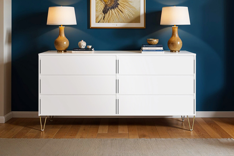 White 6-Drawer Chest of Drawers with Gold Legs – Modern Bedroom Storage | Wowcher White 6-Drawer Chest of Drawers with Gold Legs – Modern Bedroom Storage | Wowcher