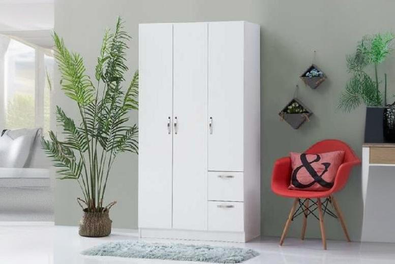 White 3-Door Double Wardrobe with Shelves, Hanging Rail & 2 Drawers – Contemporary Bedroom Storage Solution | Wowcher White 3-Door Double Wardrobe with Shelves, Hanging Rail & 2 Drawers – Contemporary Bedroom Storage Solution | Wowcher