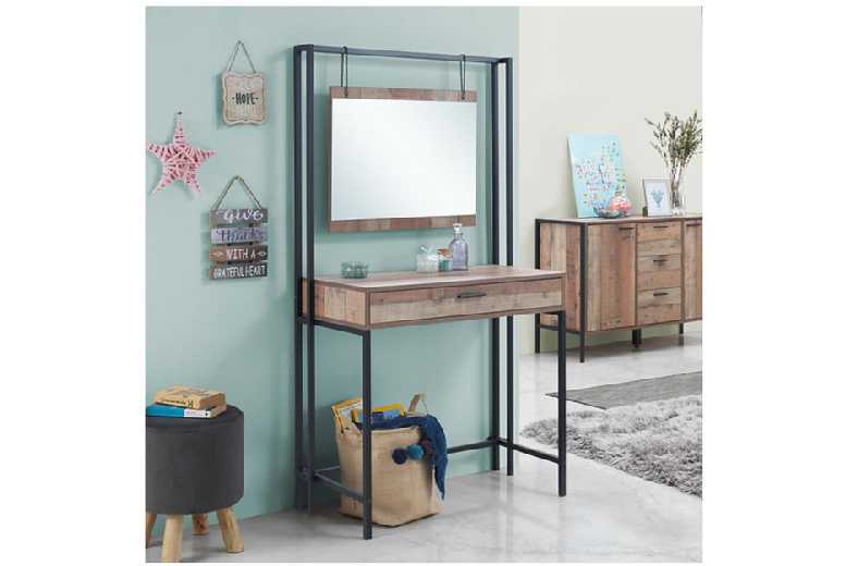 Rustic Oak Dressing Table with Mirror – Solid Wood, Ample Storage, Contemporary Style | Wowcher