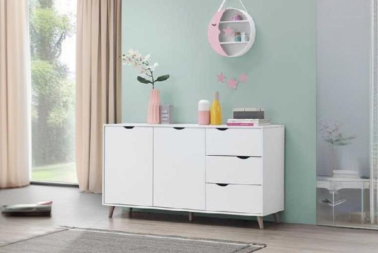 White Scandi Sideboard – 3 Drawers, 2 Door Storage Cabinet for Bedrooms | Wowcher White Scandi Sideboard – 3 Drawers, 2 Door Storage Cabinet for Bedrooms | Wowcher