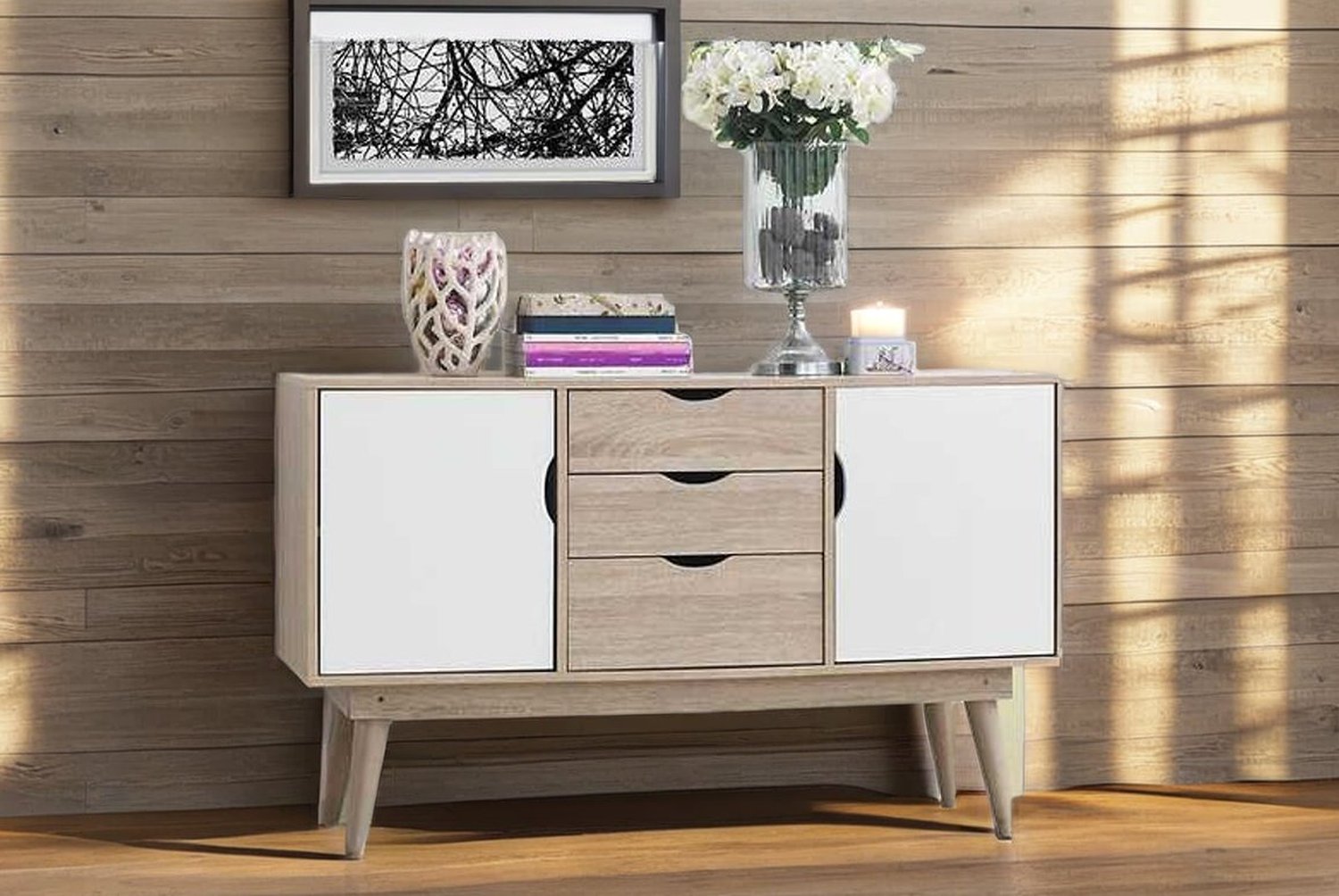 Contemporary Sonoma Oak & White 3-Drawer Bedroom Sideboard – Ample Storage, Robust Build | Wowcher