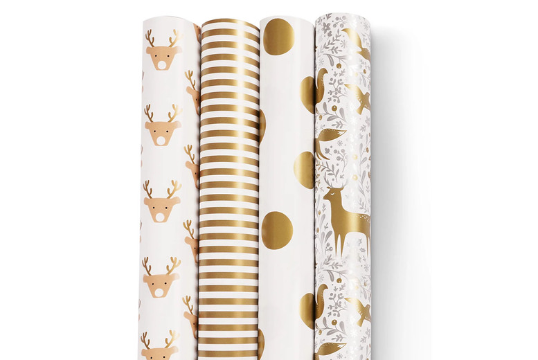 4 Pack Luxury Christmas Wrapping Paper – Festive Gift Wrap Set, 3 Designs, Bulk Value | Wowcher