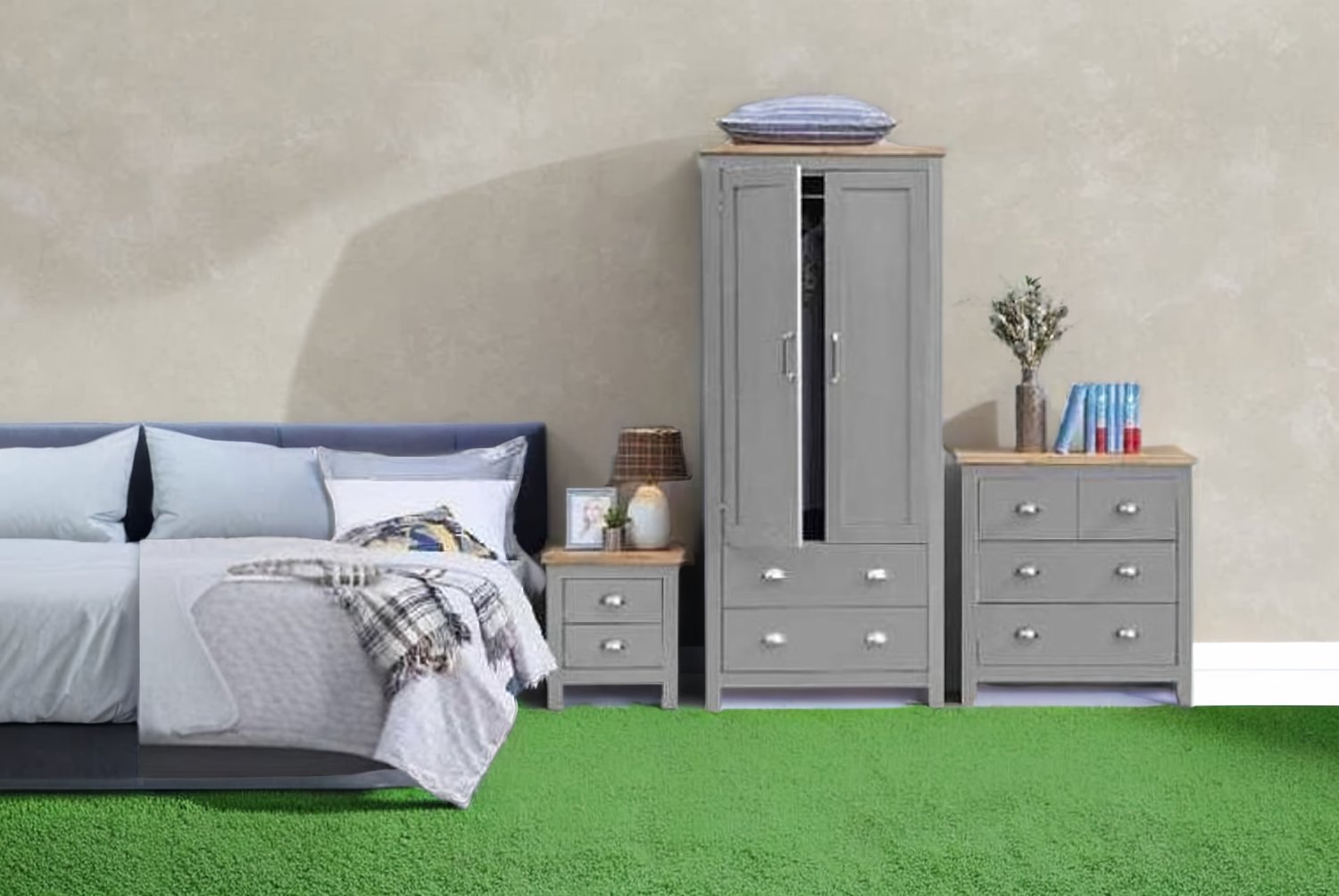 Cream & Grey 3-Piece Bedroom Furniture Set – Wardrobe, Chest of Drawers & Nightstands, Durable Modern Design | Wowcher Cream & Grey 3-Piece Bedroom Furniture Set – Wardrobe, Chest of Drawers & Nightstands, Durable Modern Design | Wowcher