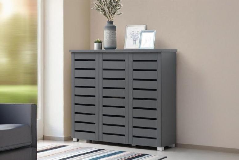 Contemporary 3-Door Shoe Storage Cabinet – White Finish, Spacious Shelves, Versatile Bedroom Furniture | Wowcher