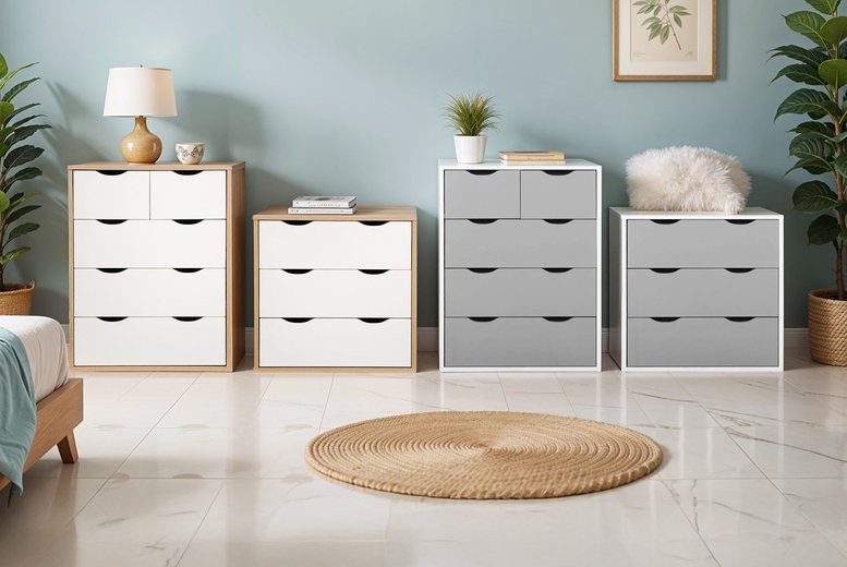 Modern White & Grey Chest of Drawers - 3 or 5-Drawer Bedroom Storage, Compact Contemporary Design | Wowcher