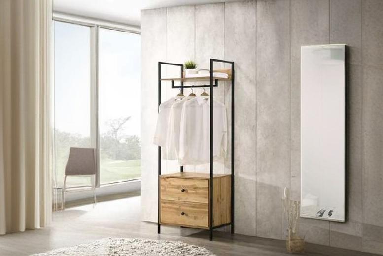 Contemporary Oak Open Wardrobe with Drawers & Shelves – Zahra Oak Finish, Compact Storage Solution | Wowcher