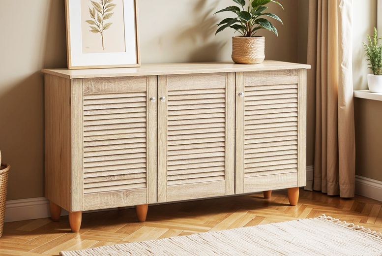 Contemporary Wenge Dark Oak Shoe Storage Cabinet - 3 Door, Slatted, Compact Bedroom Organiser | Wowcher