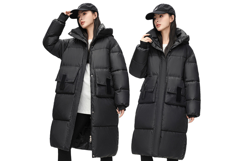 Black Women’s Longline Down Parka Jacket – Lightweight, Insulated Quilted Coat with Large Pockets | Wowcher