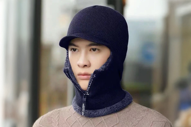 Unisex Unisex Fleece Lined Thermal Zip-Up Hat Neck Warmer, Navy | Wowcher