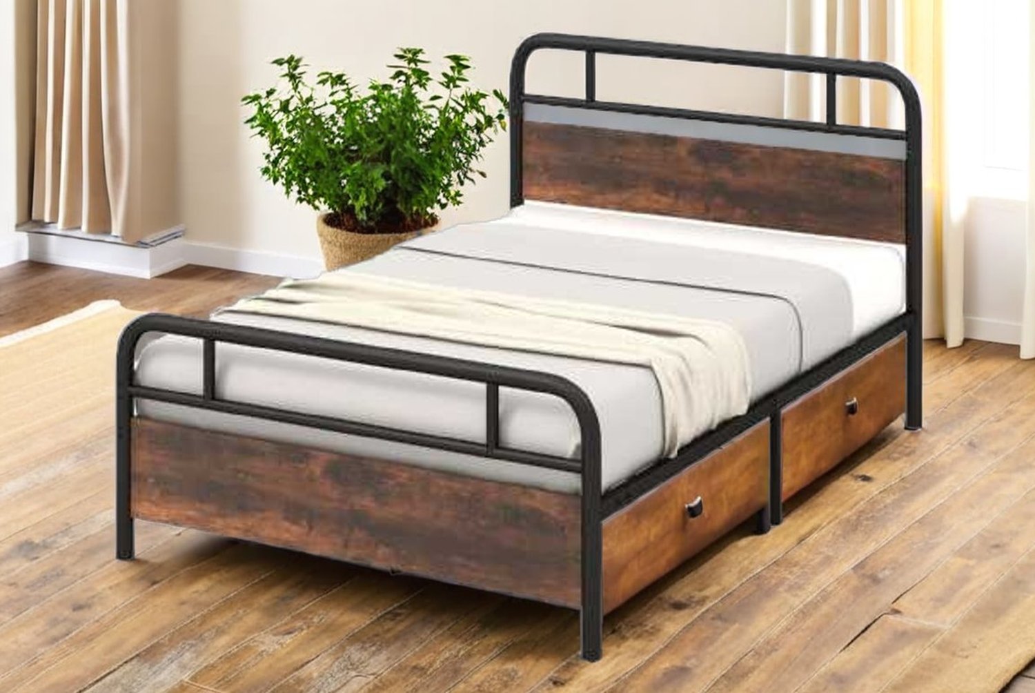 Double Size Metal Bed Frame with Rustic Wood Headboard – Heavy-Duty, 9-Leg Support, Under-Bed Storage | Wowcher