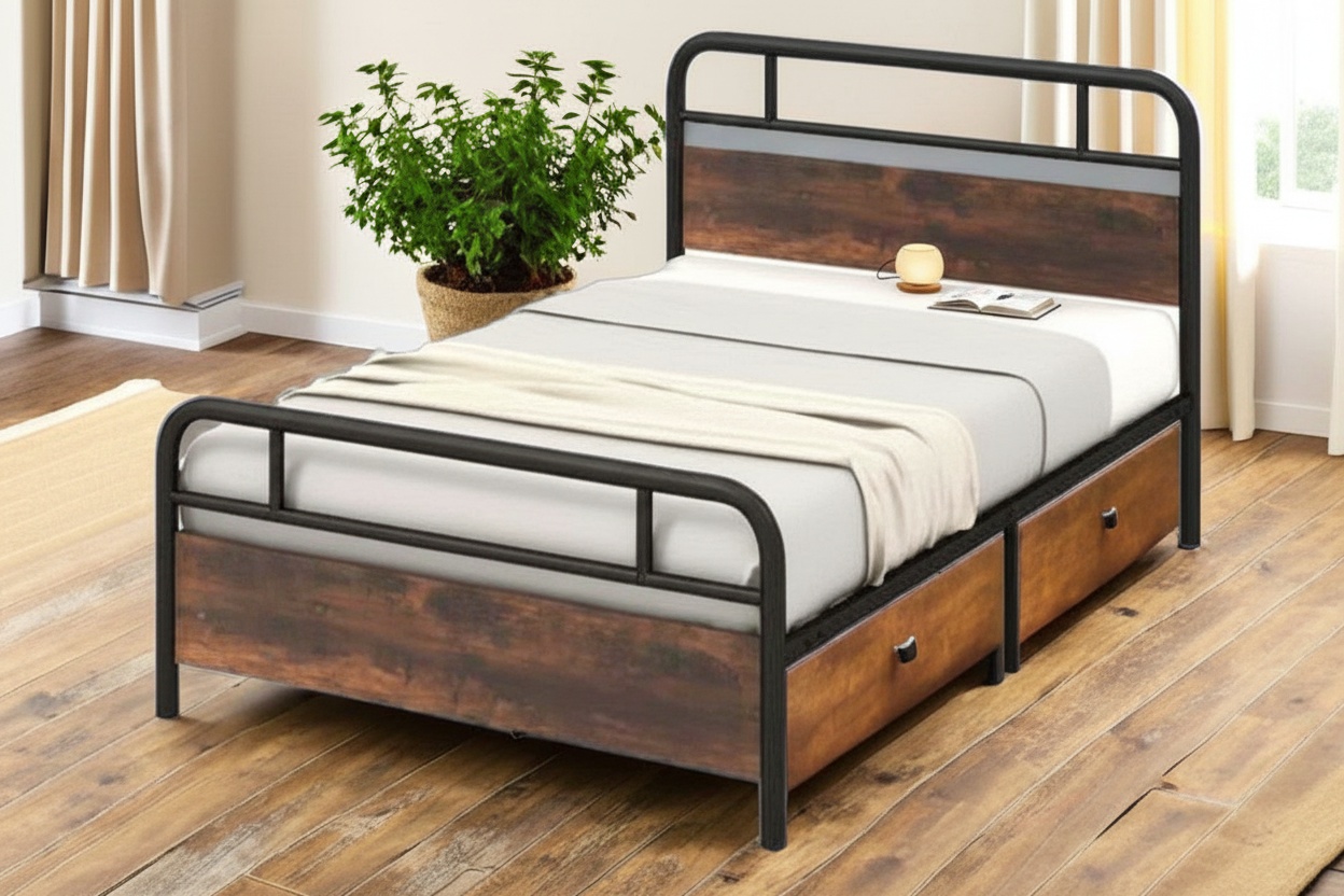 PRICE DROP! Double Size Metal Bed Frame with Rustic Wood Headboard - Heavy-Duty, 9-Leg Support, Under-Bed Storage | Wowcher