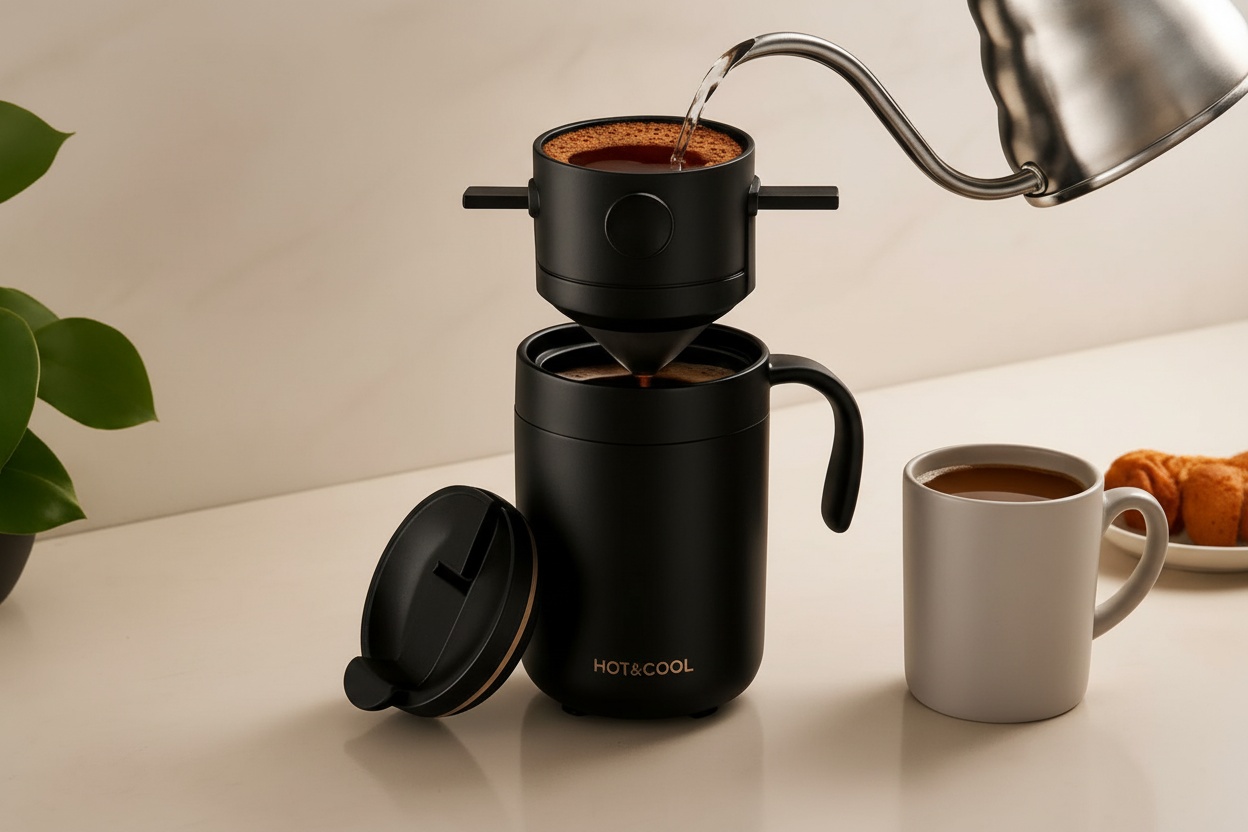 16oz Portable Coffee Maker Set - Stainless Steel, All-in-One Travel Mug for Hot & Cold Drinks | Wowcher