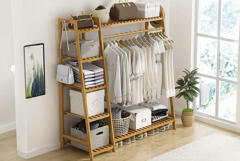 Bamboo Clothes Rack with Rail and Shelf Storage! Wowcher