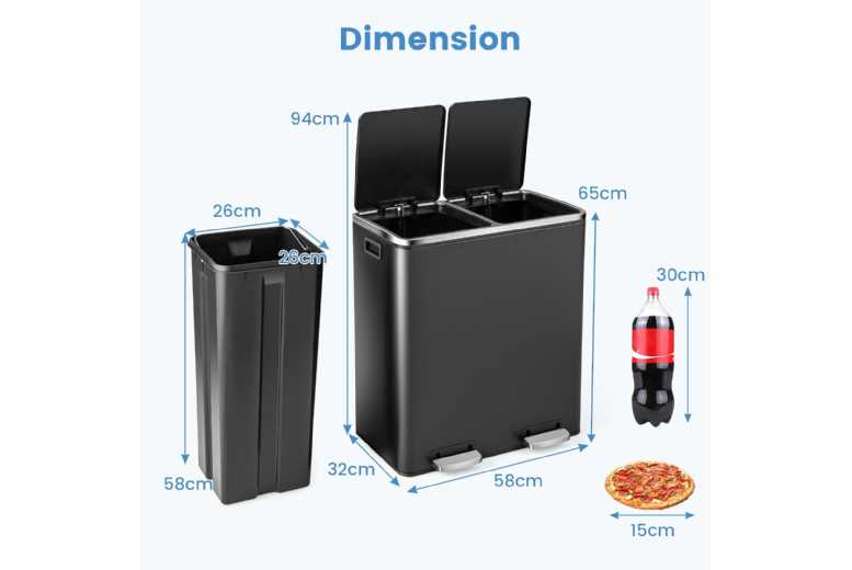Double Recycle Pedal Bin – 60L Stainless Steel, Dual Compartments, Hygienic Soft-Close | Wowcher